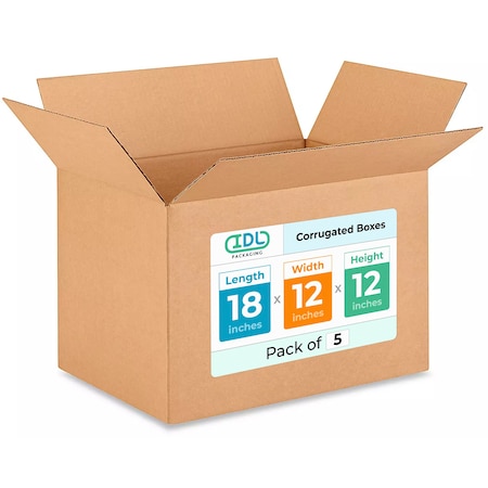 Idl Packaging 18 in x 12 in x 12 in Shipping Box, Kraft, Corrugate, Single Wall, 200#, 5 PK B-181212-5